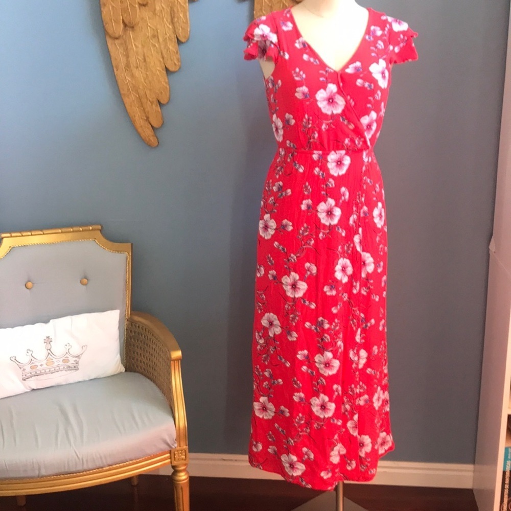 One Clothing deep coral red floral tight long dress short sleeves V neck size XS